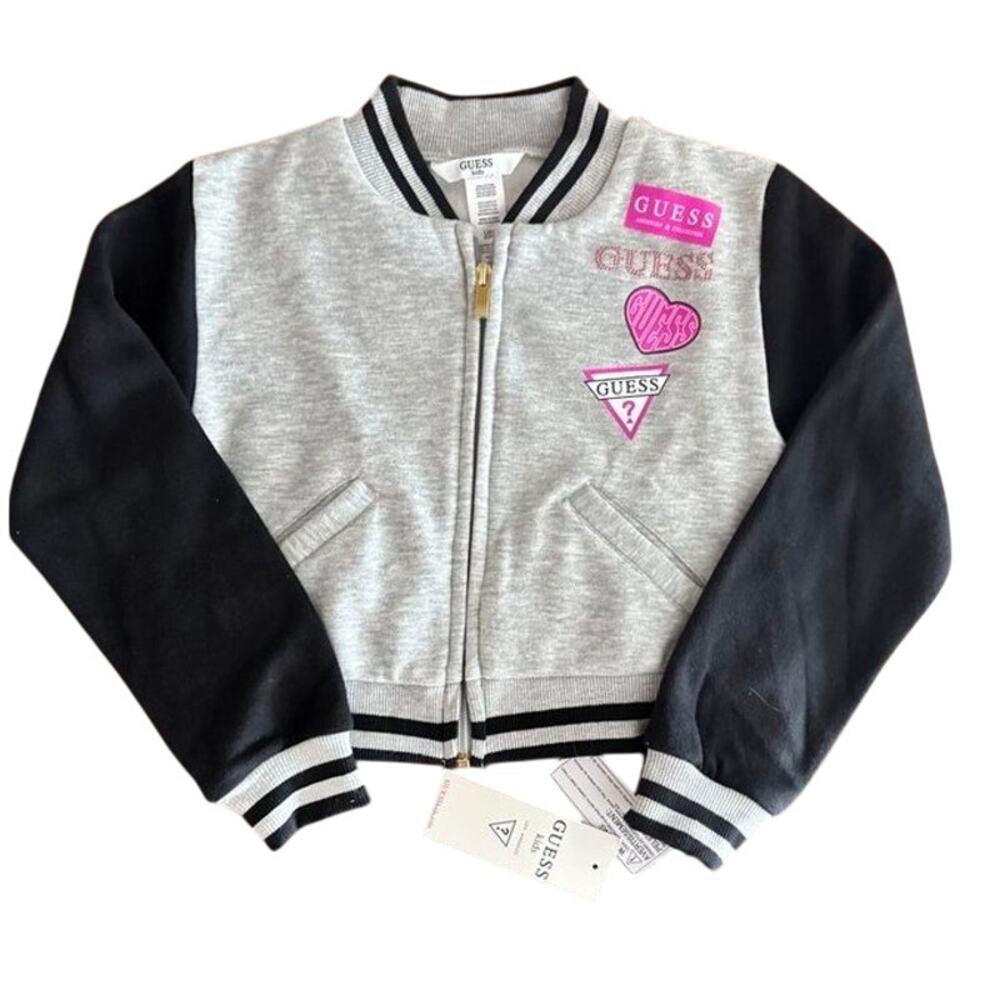 Guess Kids Gray Black Varsity Zip Jacket NWT Size 6X Logo Jacket